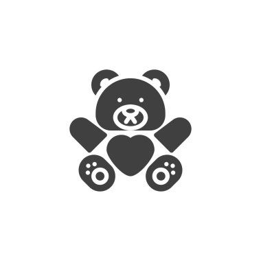 Pelüş bir ayı kalp vektör simgesini tutuyor. Mobil konsept ve web tasarımı için düz tabela. Kalp sembolü olan oyuncak ayı. Sembol, logo çizimi. Vektör grafikleri