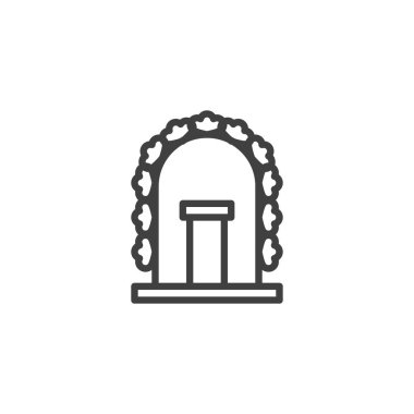 Düğün kemeri simgesi. Mobil konsept ve web tasarımı için doğrusal biçim işareti. Çiçeklerle süslenmiş kemer ana hat vektör simgesi. Sembol, logo çizimi. Vektör grafikleri