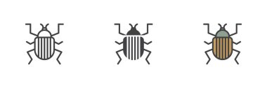 Colorado böceği farklı stil ikonu seti. Çizgi, kabartma ve doldurulmuş renkli versiyon, ana hatlar ve doldurulmuş vektör işareti. Böcek sembolü, logo illüstrasyonu. Vektör grafikleri