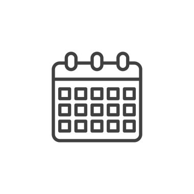 Aylık Takvim çizgisi simgesi. Mobil konsept ve web tasarımı için doğrusal biçim işareti. Takvim sayfası ana hatlı vektör simgesi. Planlayıcı sembolü, logo illüstrasyonu. Vektör grafikleri