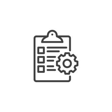 Liste satırı simgesi test ediliyor. Mobil konsept ve web tasarımı için doğrusal biçim işareti. Çarpım işlevselliği ve dayanıklılık ana hatları vektör simgesi doğrulanıyor. Dişli sembollü kontrol listesi, logo illüstrasyonu