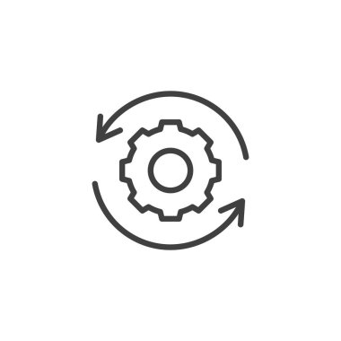 Arrow Around Gear çizgi simgesi. Mobil konsept ve web tasarımı için doğrusal biçim işareti. Taslak vektör simgesini çevreleyen iki oklu dişli. Çalışma akışı, ilerleme sembolü, logo çizimi. Vektör grafikleri