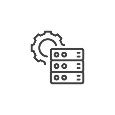 Gear ve Sunucu çizgi simgesi. Mobil konsept ve web tasarımı için doğrusal biçim işareti. Veri sunucusu ana hatlı vektör simgesine sahip dişli. Ayarlar, veri yapılandırma sembolü, logo illüstrasyonu. Vektör grafikleri