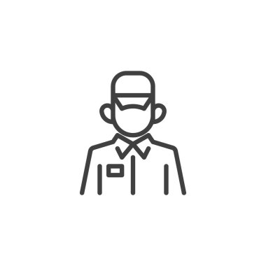 Güvenlik görevlisi çizgisi simgesi. Mobil konsept ve web tasarımı için doğrusal biçim işareti. Güvenlik üniformalı bir kişi vektör simgesini özetliyor. Sembol, logo çizimi. Vektör grafikleri