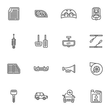 Araba servis çizgisi simgeleri ayarlandı, taslak vektör sembolü koleksiyonu, doğrusal resim paketi. İşaretler, logo illüstrasyonu. Otomobil tanısı olarak simgeler, motor tamiri, yağ değişimi, gösterge paneli, filtre