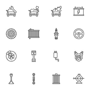 Araba onarım servisi simgeleri ayarlandı, taslak vektör sembolü koleksiyonu, doğrusal stil piktogram paketi. İşaretler, logo illüstrasyonu. Set simgeleri araba aküsü, fren diski, otomotiv boyası ve ateşleme olarak içerir