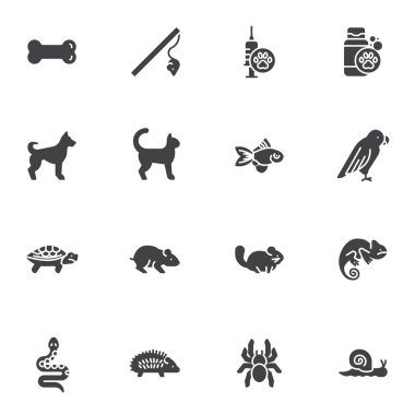 Pet shop vector icons set, modern solid symbol collection, filled style pictogram pack. Signs, logo illustration. Set includes icons as dog, cat, fish, parrot, mouse, turtle, spider, snake, chinchilla clipart