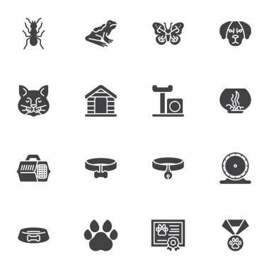 Evcil hayvan ürünleri, aksesuar vektör simgeleri seti, modern katı sembol koleksiyonu, doldurulmuş resim paketi. İşaretler, logo illüstrasyonu. Set simgeleri köpek, kedi, kuş, yiyecek, malzeme, pençe izi, tasma