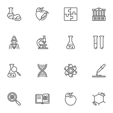 Bilim elemanları çizgi simgeleri seti, ana hatlı vektör sembolü koleksiyonu, doğrusal biçim piktogram paketi. İşaretler, logo illüstrasyonu. Küme bilim adamı, mikroskop, laboratuvar tüpü, DNA, petri kabı olarak simgeleri içerir