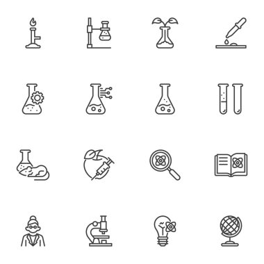 Bilim ve bilimsel çizgi simgeleri seti, ana hatlı vektör sembolü koleksiyonu, doğrusal stil piktogram paketi. İşaretler, logo illüstrasyonu. Laboratuvar testi, kimyasal deney, test tüpü olarak simgeleri içerir