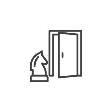 Çıkış Stratejisi çizgi simgesi. Mobil konsept ve web tasarımı için doğrusal biçim işareti. Satranç ve kapı çizgisi vektör simgesi. Planlama ve öngörü sembolü, logo çizimi. Vektör grafikleri