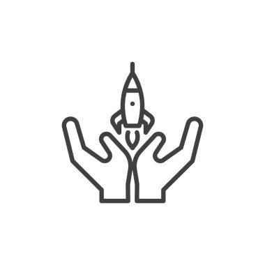 Başlangıç satırı simgesine yaslan. Mobil konsept ve web tasarımı için doğrusal biçim işareti. El roketi fırlatma ana hatları vektör simgesi. Verimlilik ve esneklik sembolü, logo illüstrasyonu. Vektör grafikleri