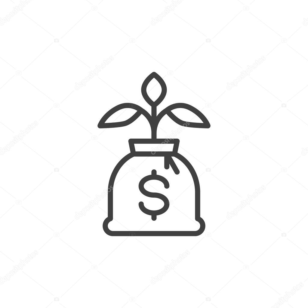 Venture capital line icon. Financial investment linear style sign for mobile concept and web design. Money bag with plant outline vector icon. Growth funding symbol, logo illustration. Vector graphics