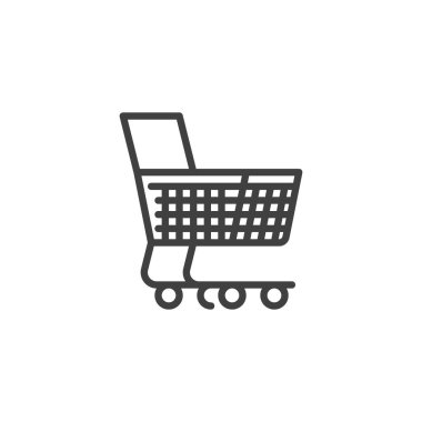 Alışveriş arabası çizgisi simgesi. Mobil konsept ve web tasarımı için doğrusal biçim işareti. Trolley ana hat vektör simgesi. Market alışverişi, perakende satış sembolü, logo çizimi. Vektör grafikleri