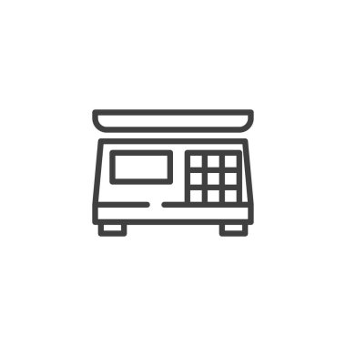 Market pulları çizgi simgesi. Mobil konsept ve web tasarımı için doğrusal biçim işareti. Market ölçekleri ana vektör simgesini belirler. Ürünleri tartmak, büyük ögeler sembolü, logo illüstrasyonu. Vektör grafikleri