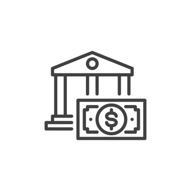 Banka mevduat hattı simgesi. Mobil konsept ve web tasarımı için doğrusal biçim işareti. Banka binası ve para ana hatları vektör simgesi. Banka hesap sembolü, logo çizimi. Vektör grafikleri