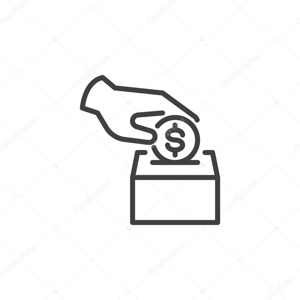 Spare Change line icon. linear style sign for mobile concept and web design. Hand puts coin in donation box outline vector icon. Contribution to savings symbol, logo illustration. Vector graphics