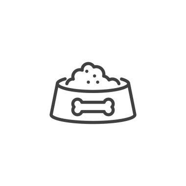 Köpek maması çizgisi ikonu. Mobil konsept ve web tasarımı için doğrusal biçim işareti. Köpek mamasıyla bovling, vektör ikonu. Evcil hayvan beslenme sembolü, logo çizimi. Vektör grafikleri