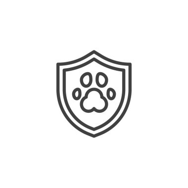 Hayvan Sigortası ikonu. Mobil konsept ve web tasarımı için doğrusal biçim işareti. Pençe çizgili vektör ikonlu kalkan. Hayvan sağlığı sembolü, logo çizimi. Vektör grafikleri