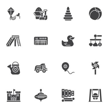 Çocuk oyuncakları vektör simgeleri seti, modern katı sembol koleksiyonu, doldurulmuş resim paketi. İşaretler, logo illüstrasyonu. Set, kale, piyano, uçurtma, piramit, kamyon, kum kovası, bebek salıncağı gibi simgeleri içerir