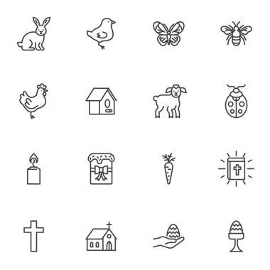 Mutlu Paskalya vektör simgeleri seti, modern katı sembol koleksiyonu, doldurulmuş biçim piktogram paketi. İşaretler, logo illüstrasyonu. Set, tavşan, civciv, paskalya pastası, kutsal İncil, haç, yumurta gibi ikonları içerir.
