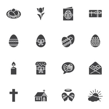 Paskalya vektör simgeleri seti, modern katı sembol koleksiyonu, doldurulmuş biçim piktogram paketi. İşaretler, logo illüstrasyonu. Sette Paskalya pastası, yumurta, mum, kilise, tebrik kartı, haç, lale gibi ikonlar yer alıyor