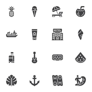 Yaz tatili vektör simgeleri seti, modern katı sembol koleksiyonu, doldurulmuş resim paketi. İşaretler, logo illüstrasyonu. Seyahat, otel, karpuz, ananas, sörf gibi simgeler
