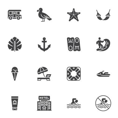 Yaz vektör simgeleri seti, modern katı sembol koleksiyonu, doldurulmuş biçim piktogram paketi. İşaretler, logo illüstrasyonu. Sette yüzme, sörf, dondurma, güneş kremi, şemsiye ve şezlong gibi simgeler yer alıyor