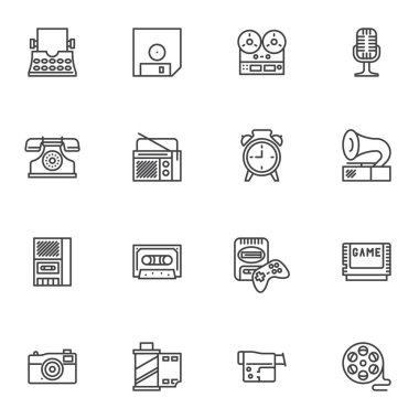 Antika ekipman çizgisi simgeleri seti, ana hatlı vektör sembolü koleksiyonu, doğrusal resim paketi. İşaretler, logo illüstrasyonu. Set simgeleri retro yazdırma makinesi, antika mikrofon, retro telefon olarak içerir