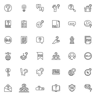 SSS soru ve cevap satırı simgeleri ayarlandı. Doğrusal biçim sembolleri koleksiyonu, ana tabela işaretleri paketi. SSS vektör grafikleri. Set simgeleri Soru İşareti Konuşma Kabarcığı, Sanal Yardımcı, Müşteri Desteği olarak içerir
