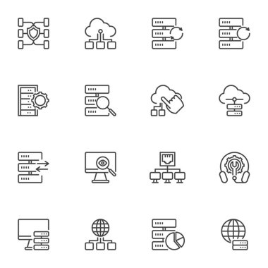 Büyük Veri çizgisi simgeleri seti, ana hatlı vektör sembolü koleksiyonu, doğrusal biçim piktogram paketi. İşaretler, logo illüstrasyonu. Veritabanı ağı, bulut hesaplama, veri yönetimi, bilgisayar olarak simgeleri içerir