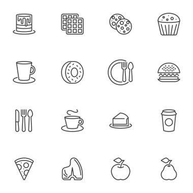 Fast food ve içecek çizgisi simgeleri seti, ana hatlı vektör sembolü koleksiyonu, lineer stil piktogram paketi. İşaretler, logo illüstrasyonu. Kek, burger, paket kahve fincanı, pizza, elma gibi simgeler
