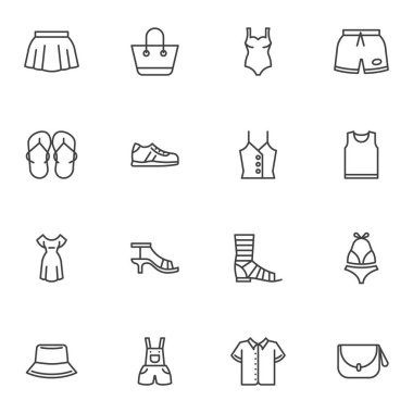 Yaz kumaşı ve aksesuar çizgisi simgeleri seti, ana hat vektör sembolü koleksiyonu, doğrusal resim paketi. İşaretler, logo illüstrasyonu. Set etek, mayo, parmak arası terlik, elbise, ayakkabı, çanta olarak simgeleri içerir