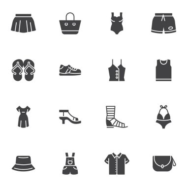 Yaz kumaşı ve aksesuar vektör simgeleri seti, modern katı sembol koleksiyonu, doldurulmuş resim paketi. İşaretler, logo illüstrasyonu. Set etek, mayo, parmak arası terlik, elbise, ayakkabı, çanta olarak simgeleri içerir