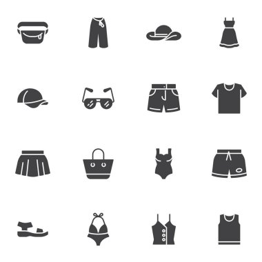 Yazlık kıyafet vektör simgeleri seti, modern katı sembol koleksiyonu, doldurulmuş resim paketi. Logo illüstrasyonu işaretleri. Yaz şapkası, şort, kep, mayo, sandalet ayakkabısı, güneş gözlüğü olarak simgeler