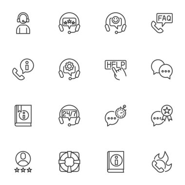 Müşteri servis çizgisi simgeleri seti, ana hatlı vektör sembolü koleksiyonu, doğrusal biçim piktogram paketi. İşaretler, logo illüstrasyonu. Ayarlar teknik destek yardımı, yardım, faq, geribildirim olarak simgeleri içerir