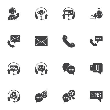 Destek Servis vektör simgeleri seti, modern katı sembol koleksiyonu, doldurulmuş biçim piktogram paketi. İşaretler, logo illüstrasyonu. Çağrı merkezi yardımcısı, kulaklık, telefon, geribildirim olarak simgeleri içerir