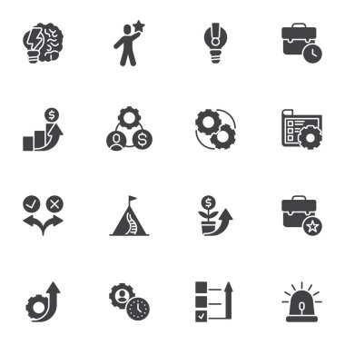 Verimlilik ve zaman yönetimi vektör simgeleri seti, modern katı sembol koleksiyonu, doldurulmuş biçim piktogram paketi. İşaretler, logo illüstrasyonu. Set, üretkenlik, beyin fırtınası ve gelişim olarak simgeleri içerir
