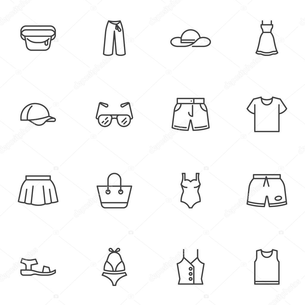 Summer clothes line icons set, outline vector symbol collection, linear style pictogram pack. Signs logo illustration. Set includes icons as summer hat, shorts, cap, swimsuit, sandal shoes, sunglasses