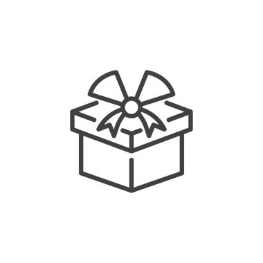 Hediye kutusu çizgisi simgesi. Mobil konsept ve web tasarımı için doğrusal biçim işareti. Kurdeleli dekoratif kutu vektör ikonu. Mevcut sembol, logo illüstrasyonu. Vektör grafikleri