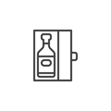 Şarap Kutusu çizgisi simgesi. Mobil konsept ve web tasarımı için doğrusal biçim işareti. Şarap şişesi ana hatlı kutu vektör ikonu. Sembol, logo çizimi. Vektör grafikleri