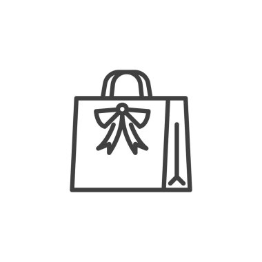 Lüks Hediye Torbası çizgisi simgesi. Mobil konsept ve web tasarımı için doğrusal biçim işareti. Kurdeleli, ana hatlı bir hediye çantası. Sembol, logo çizimi. Vektör grafikleri