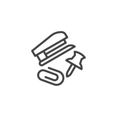 Ofis Masası Araç Hattı simgesi. Mobil konsept ve web tasarımı için doğrusal biçim işareti. Kağıt ataç, iğne ve bir zımba ana hatlı vektör ikonu. Ofisin temel sembolü, logo illüstrasyonu. Vektör grafikleri