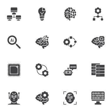 Yapay zeka vektör simgeleri seti, modern katı sembol koleksiyonu, doldurulmuş biçim piktogram paketi. İşaretler, logo illüstrasyonu. Set, yapay zeka teknolojisi olarak simgeleri, robot asistanı ve akıllı beyni içerir