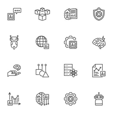 Yapay zeka çizgisi simgeleri seti, ana hatlı vektör sembolü koleksiyonu, doğrusal stil piktogram paketi. İşaretler, logo illüstrasyonu. Set, yapay zeka, sohbet robotu, beyin ve mühendislik simgeleri içerir.