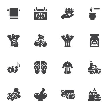 SPA ve Masaj vektör simgeleri seti, modern katı sembol koleksiyonu, doldurulmuş biçim piktogram paketi. İşaretler, logo illüstrasyonu. Set, sağlık, kaplıca terapisi, sırt masajı, kozmetik, mum gibi simgeleri içerir.