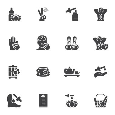 Spa masajı ve Sağlık vektör simgeleri seti, modern katı sembol koleksiyonu, doldurulmuş resim paketi. İşaretler, logo illüstrasyonu. Set aromaterapi, taş masajı, sauna, çay seremonisi olarak simgeleri içerir