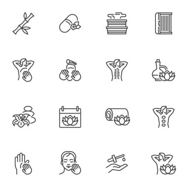 SPA Terapi ve Masaj çizgisi simgeleri seti, ana hat vektör sembolü koleksiyonu, doğrusal resim paketi. İşaretler, logo illüstrasyonu. Yüz ve boyun masajı yöntemi olarak simgeler, sıcak sauna