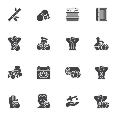 SPA Terapi ve Masaj vektör simgeleri seti, modern katı sembol koleksiyonu, doldurulmuş resim paketi. İşaretler, logo illüstrasyonu. Yüz ve boyun masajı yöntemi olarak simgeler, sıcak sauna