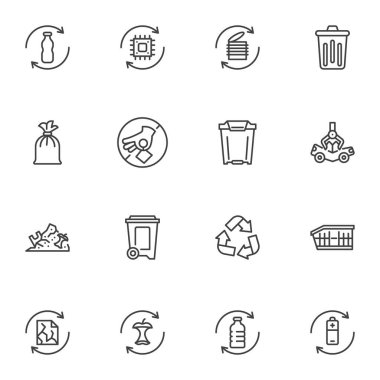 Geri dönüşüm ve Sıfır Atık Çizgisi simgeleri seti, ana hatlı vektör sembolü koleksiyonu, doğrusal biçim piktogram paketi. İşaretler, logo illüstrasyonu. Atık ayıklama, çevre dostu, plastik torba olarak simgeleri içerir